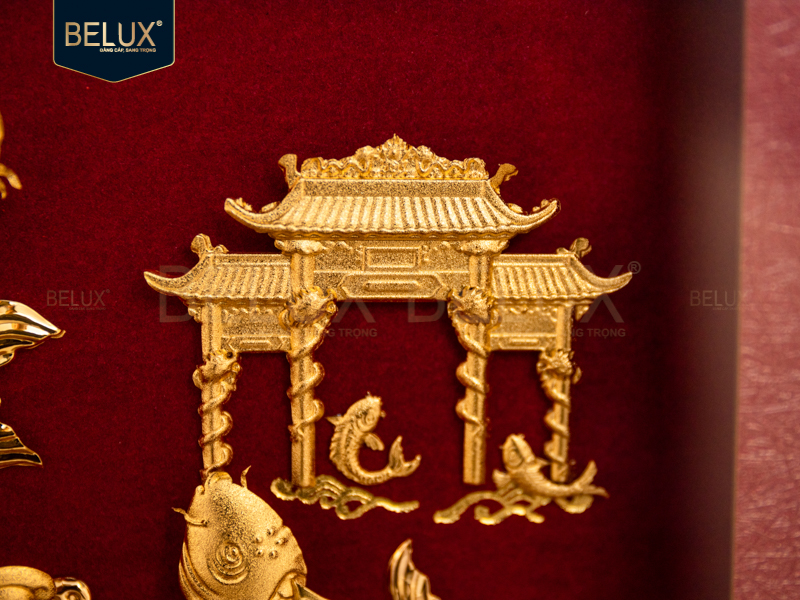 Tranh Cá Chép Vượt Vũ Môn Dát Vàng 24k- 25x20cm